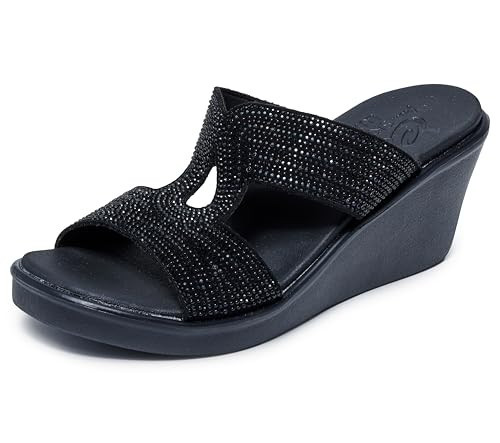 Skechers Women's Rumble ON-Shining Night Wedge Sandal, Black/Black, 11 | Amazon (US)