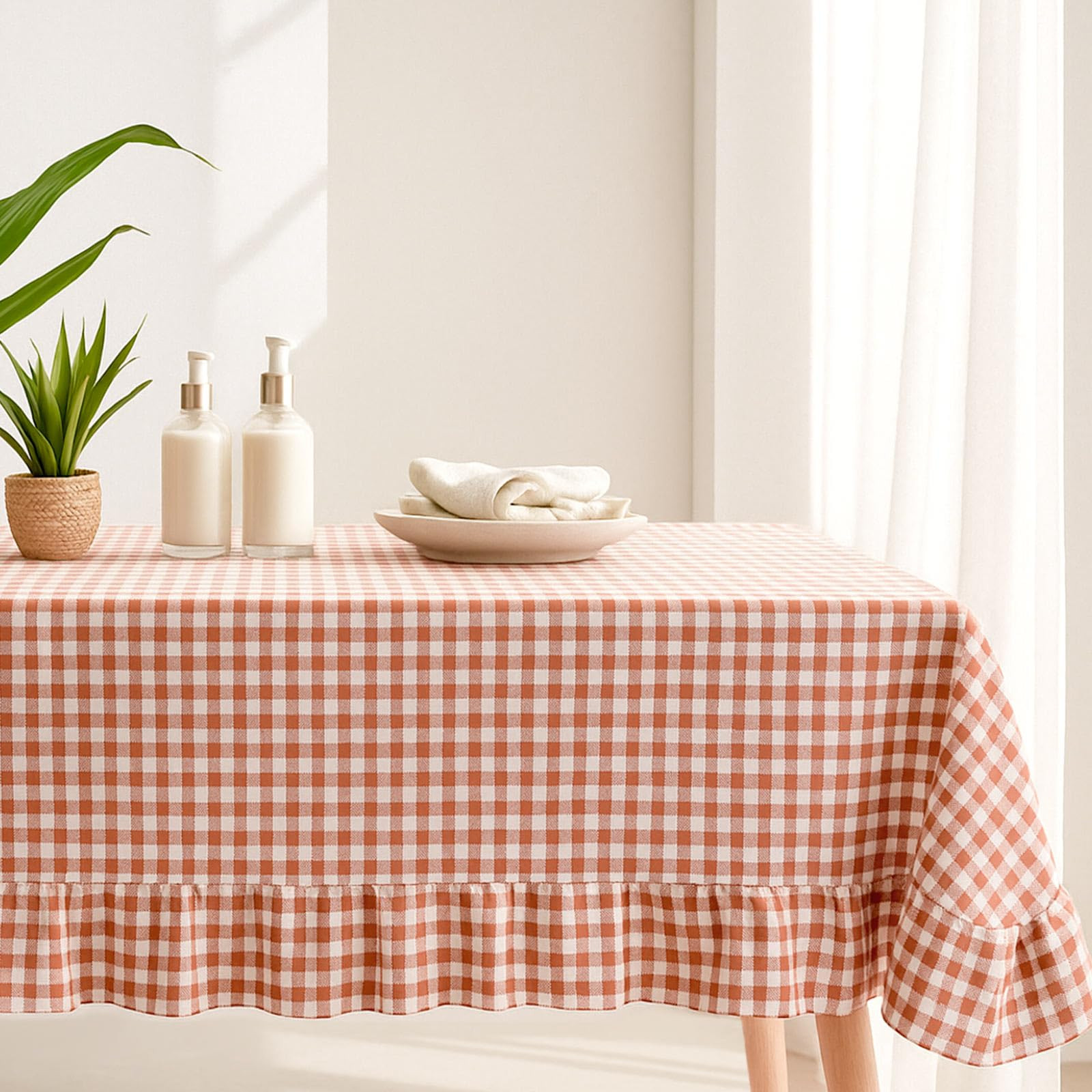 Brown Plaid Ruffled Table Cloth Cotton Linen Rectangle Gingham Tablecloth Classic Farmhouse Vinta... | Amazon (US)