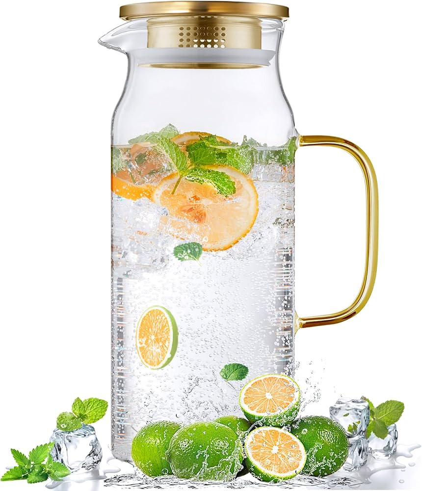 Bivvclaz 2 Liter 68 oz Gold Glass Pitcher with Lid and Handle, Glass Carafe for Hot/Cold Water, L... | Amazon (US)