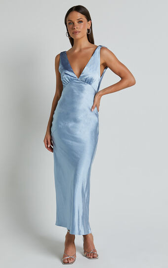 Brienne Midi Dress - Plunge Cowl Back Satin Dress in Blue | Showpo (US, UK & Europe)