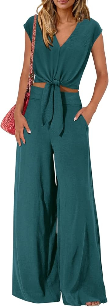 PRETTYGARDEN Women's Summer 2 Piece Outfits 2026 Cap Sleeve V Neck Belted Crop Tops Wide Leg Pant... | Amazon (US)