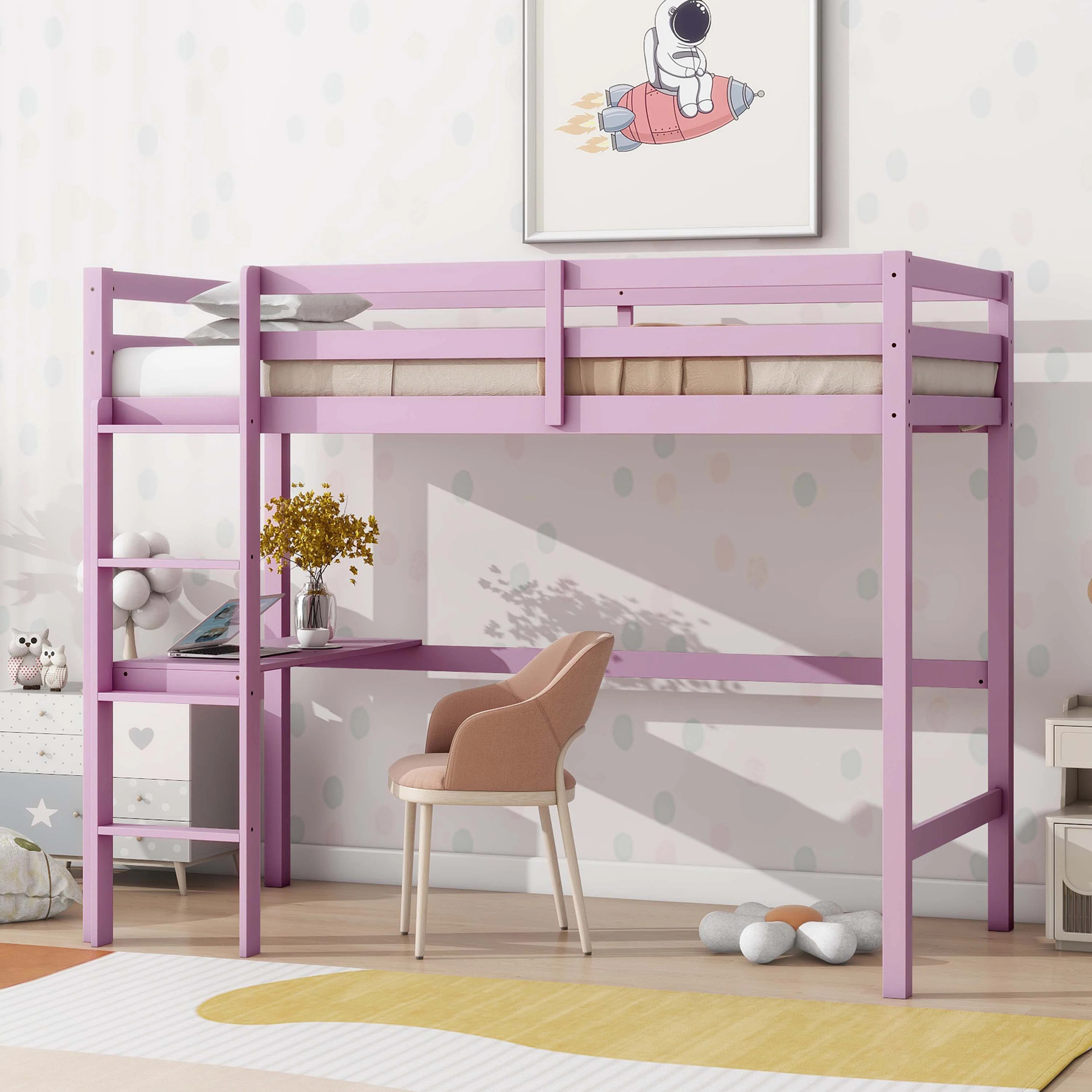 Harriet Bee High Loft Bed, Rubber Wood Loft Bed with Safety Guardrail, built-in desk, ladder & Reviews | Wayfair | Wayfair North America