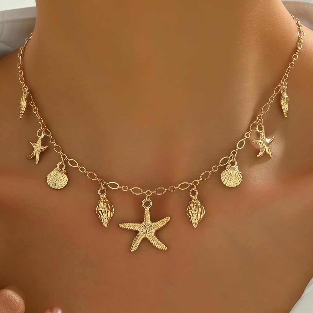 Mothers Day Gifts Shell Starfish Necklace for Women, 14k Gold Plated Boho Layered Beaded Charm Pe... | Amazon (US)