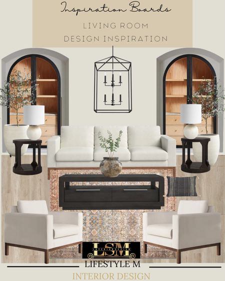 Modern and transitional living room inspiration. Recreate this look at home! Black coffee table, black round end table, wood upholstered accent chair, brown living room rug, wood floor tiles, vase jar, faux fake plant, black throw pillow, white sofa, table lamp, wood black china cabinet, black lantern pendant, white tree planter pot, faux fake tree.

#LTKFind #LTKhome #LTKstyletip