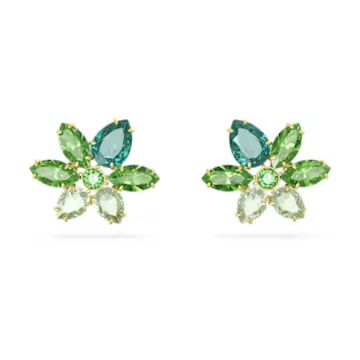 Gema stud earrings, Mixed cuts, Flower, Green, Gold-tone plated by SWAROVSKI | SWAROVSKI