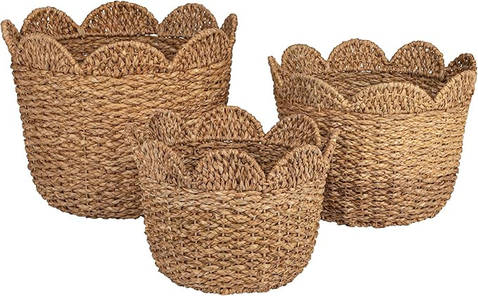 Creative Co-Op Braided Bankuan and Rattan Baskets with Scalloped Edge, Natural, Set of 3 | Amazon (US)
