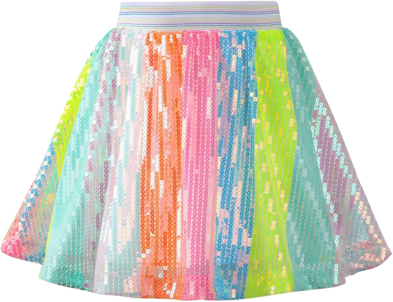 Sequin Skirt for Girls Kids Elastic Waist A-Line Sparlky Mini Skirt with Lining | Amazon (US)