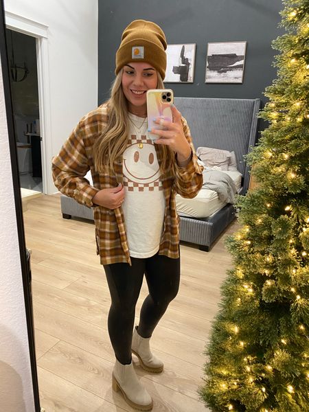 Code: wifeonadime for a discount on my smiley tee. Sized up in the flannel for a roomy fit. Covers the booty. 

#LTKSeasonal #LTKHoliday #LTKGiftGuide