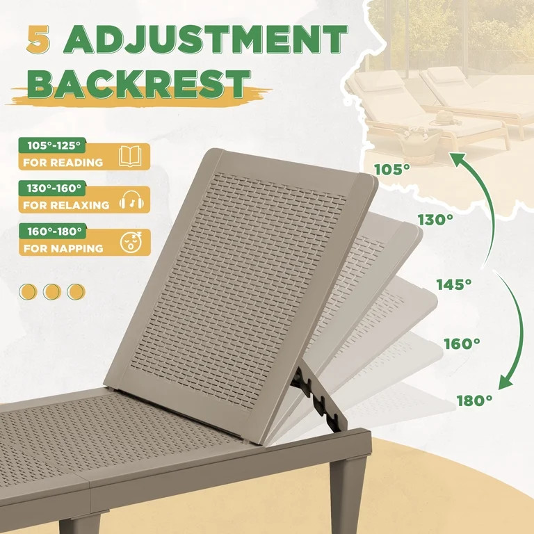 Devoko Set of 2 Outdoor Patio Chaise Lounge Chairs, Rattan Style, Multi-angle Adjustable Back, Li... | Walmart (US)
