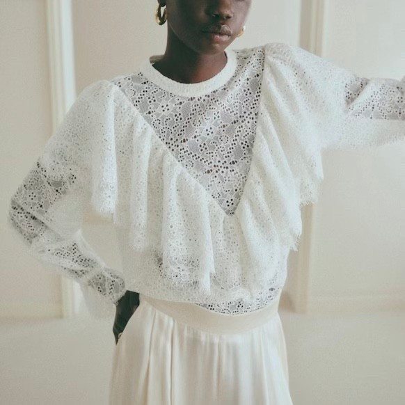 dreamiest top from Sezane 

white lace top | under $200 | ruffle details | spring tops | feminine style | romantic details | white long sleeve blouse | spring blouses 
