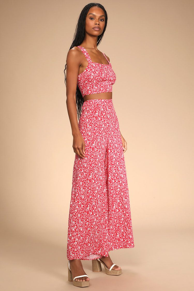 Lucky Us Red Floral Print Two-Piece Wide-Leg Jumpsuit | Lulus (US)