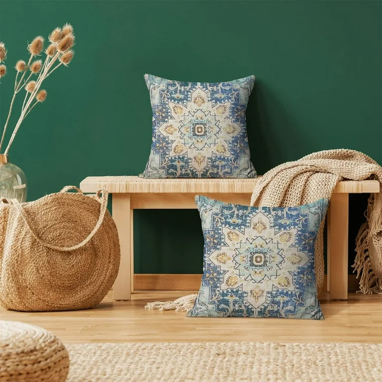 Boho Pillow Covers 18x18 Set of 2, Blue Yellow Carpet Pattern Decorative Throw Pillows Linen Ethn... | Walmart (US)