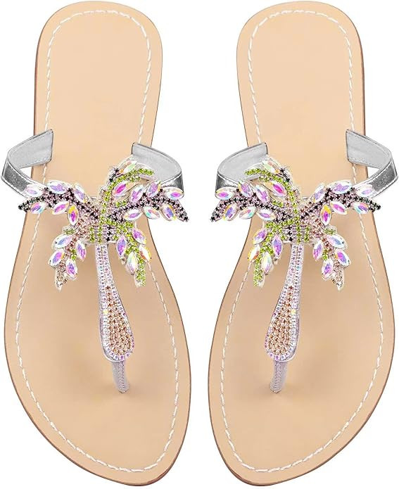 UTIKLIOU Rhinestone Sandals for Women Rhinestone Flat Sandals Crystal Jeweled Sandal T-Strap Thon... | Amazon (US)