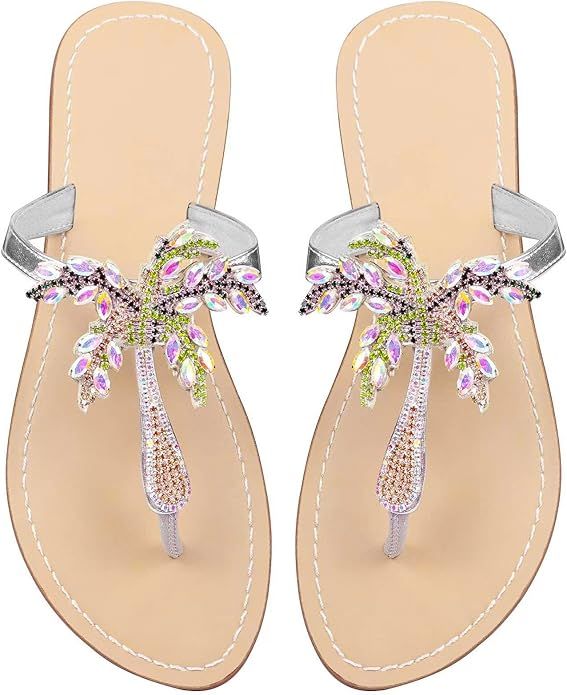 UTIKLIOU Rhinestone Sandals for Women Rhinestone Flat Sandals Crystal Jeweled Sandal T-Strap Thon... | Amazon (US)