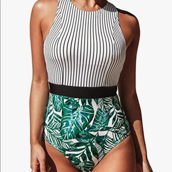 🆕CUPSHE Women's Striped Leafy One Piece Swimsuit | Poshmark