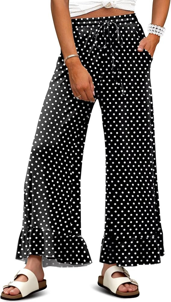 KISSMODA Womens Palazzo Lounge Pants Drawstring Elastic High Waisted Ruffle Hem Wide Leg Pants wi... | Amazon (US)