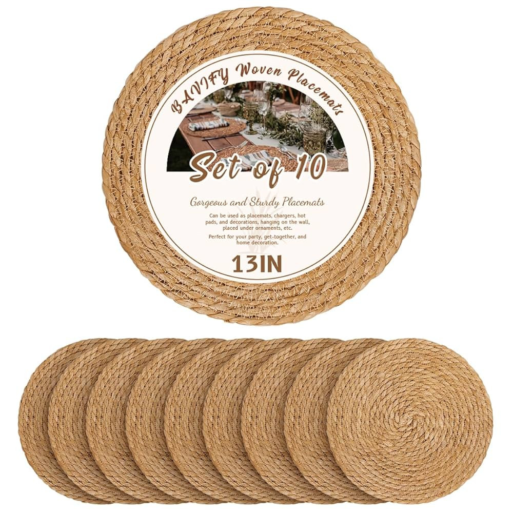 13 in Round Woven Placemats Plate Chargers Set of 10, Boho Farmhouse Rustic Woven Place Mats for ... | Amazon (US)