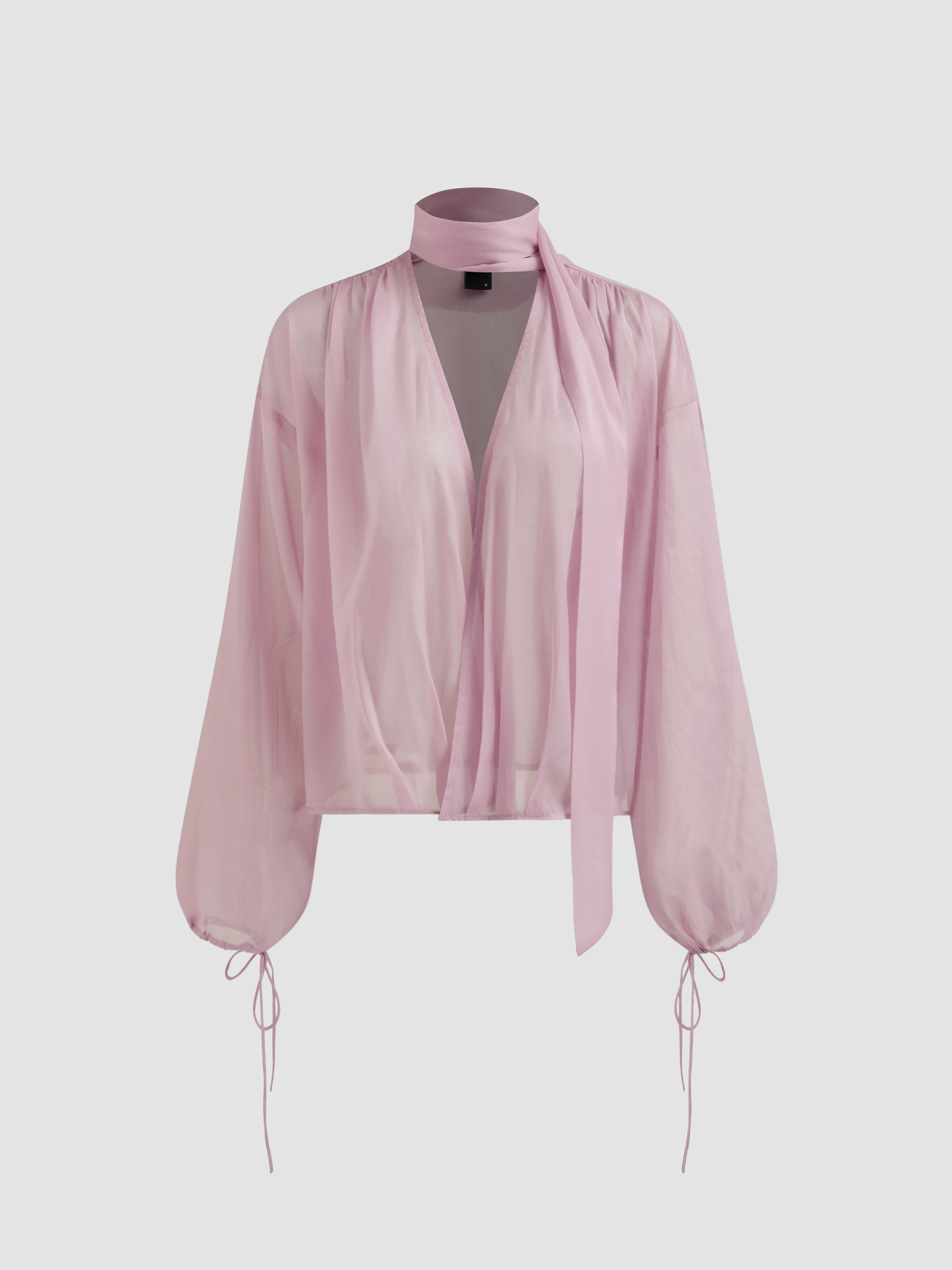 Woven V-neck Knotted Long Sleeve Blouse For Daily Casual Date | Cider