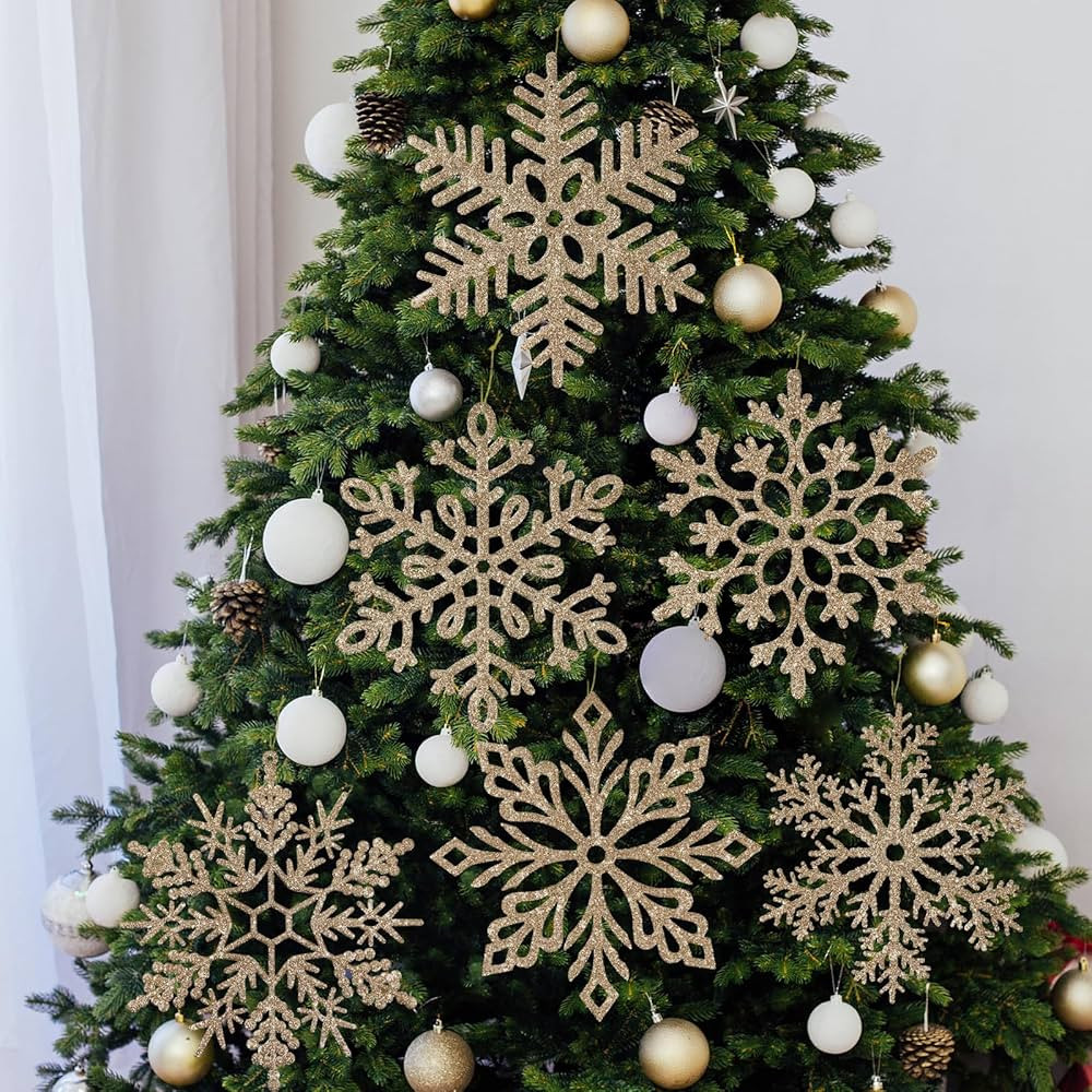 6Pcs Large Champagne Gold Snowflakes Christmas Ornaments- 12" Big Plastic Glitter Hanging Snow Fl... | Amazon (US)
