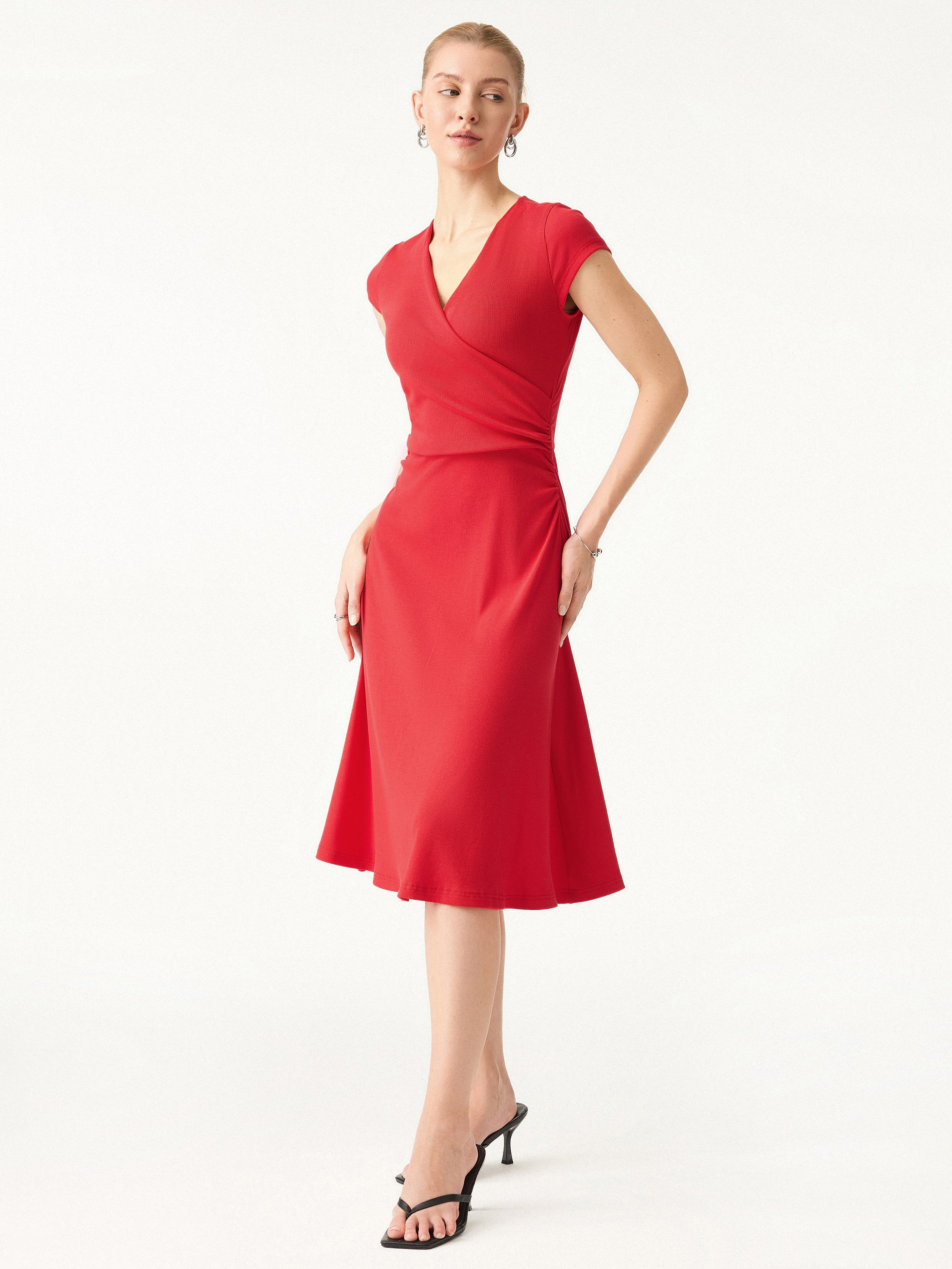 Stretch Cotton Surplice V-neck Cap Sleeve Midi Dress | OGLmove
