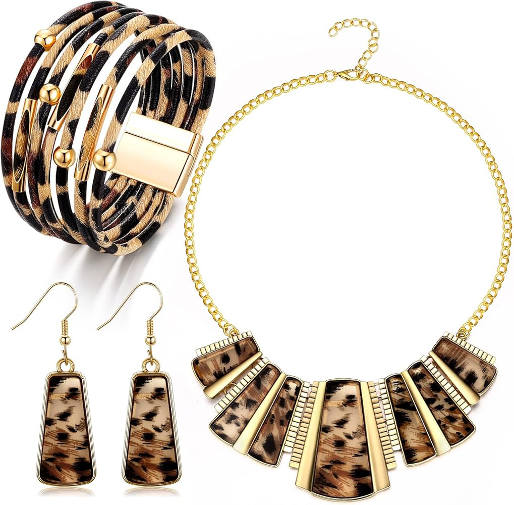 Junkin 3 Pieces Leopard Necklace Earrings Bracelets Leopard Jewelry Set for Women Bohemia Cheetah... | Amazon (US)
