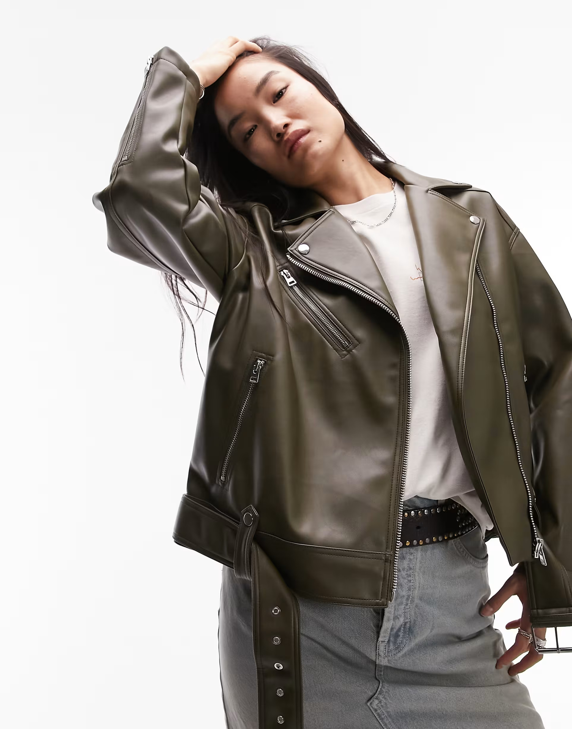 Topshop faux leather oversized biker jacket in khaki | ASOS (Global)