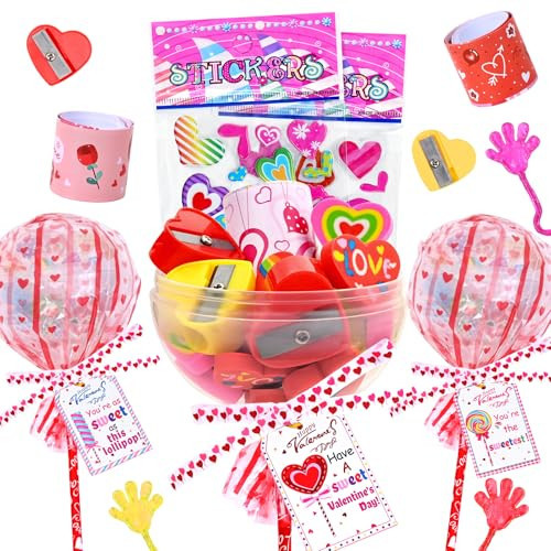 Waipfaru 24 Pack Valentines Day Gifts, Valentine's Day Cards for Students, Lollipop-Shaped Stationery Set with Pencils Stickers Erasers Sharpener for Boys Girls School Classroom Exchange Party Favors | Amazon (US)