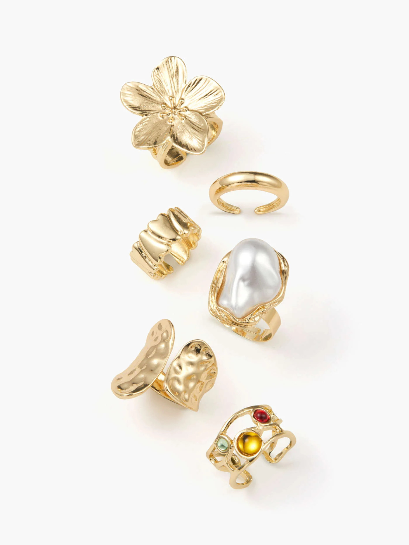 6 PCS FLOWER & FAUX PEARL & GEMSTONE RING SET | Cider