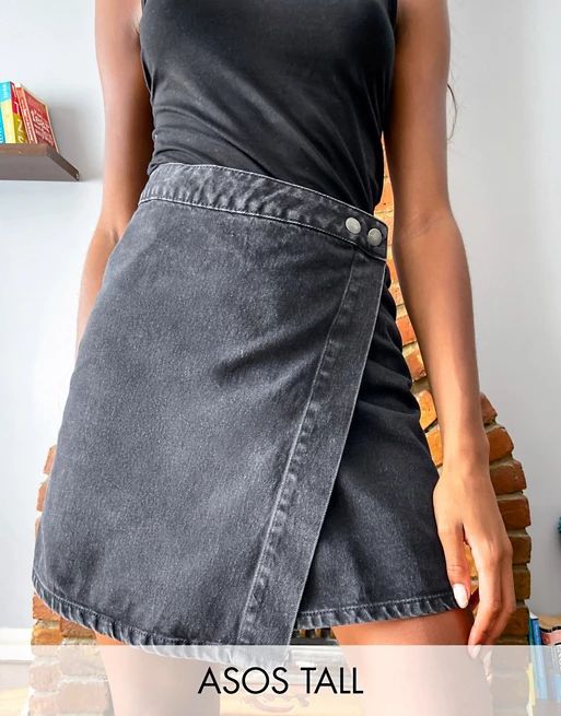 ASOS DESIGN Tall denim wrap skirt in washed black | ASOS (Global)