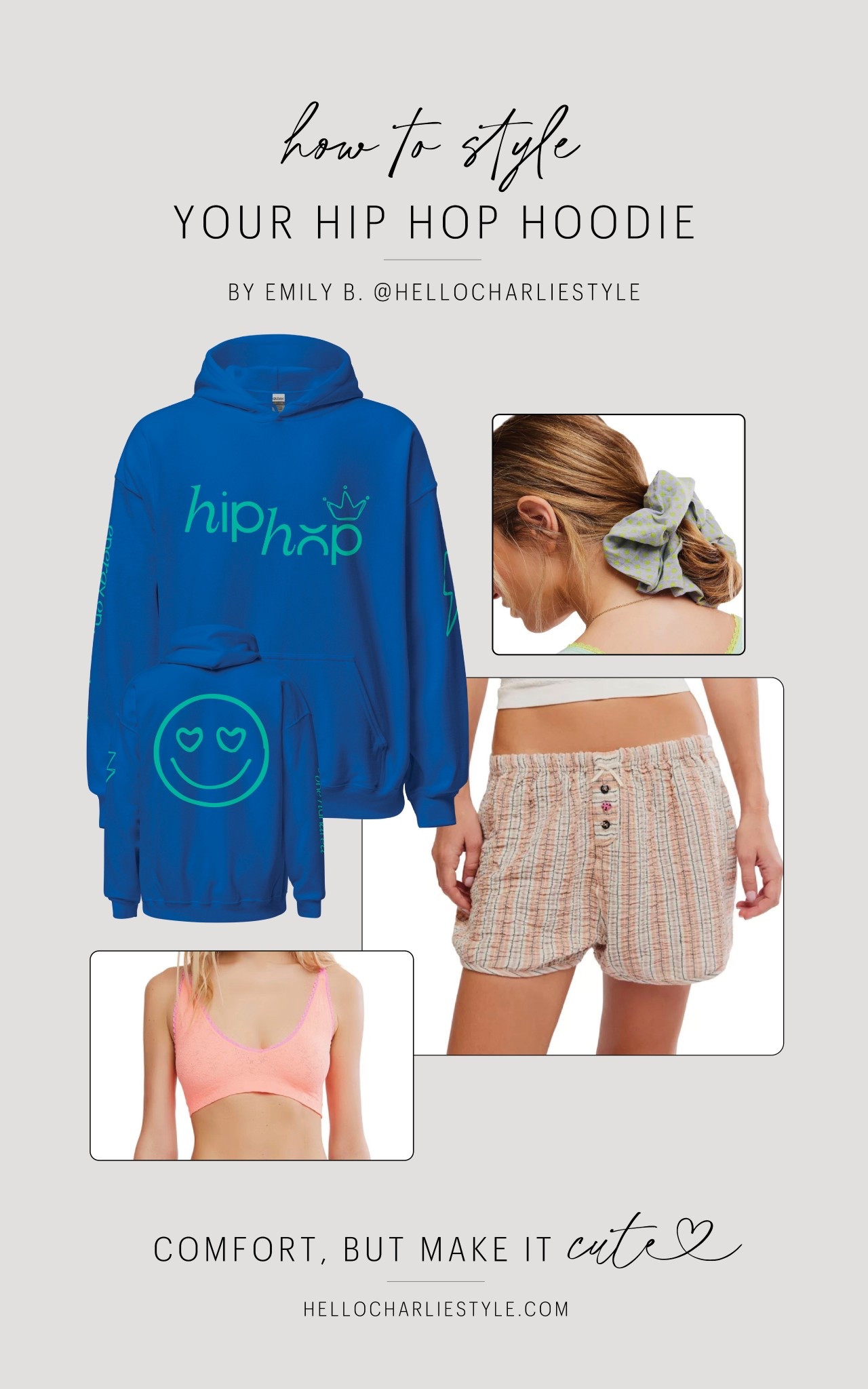 How to style your Hip Hop Hoodie from Hello Charlie Style. 

Layer it over a cute bralette, add comfy lounge shorts, and finish with a scrunchie for the perfect studio-to-street fit. 

Comfort, but make it cute. 🩷
#DanceStyle #StudioOutfit 

#LTKActive #LTKootd