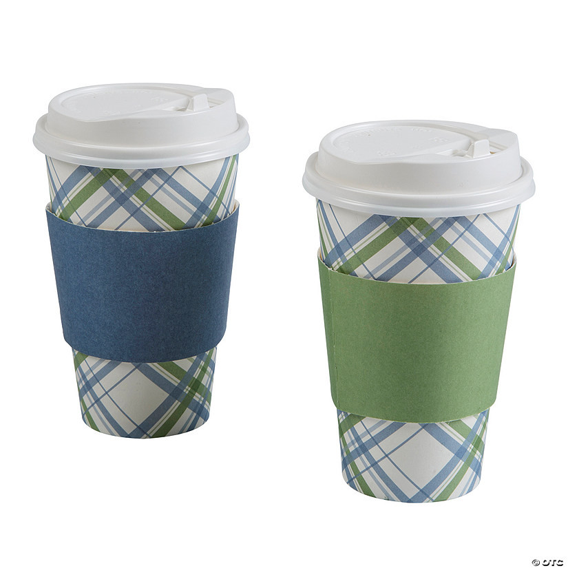 5 1/2" 16 oz. Sage & Dusty Blue Plaid Disposable Paper Coffee Cups with Lids - 12 Ct. | Oriental Trading Company