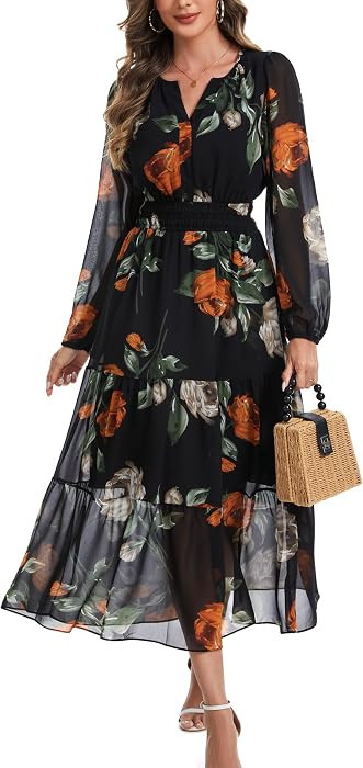 Kormei Women's Floral Long Sleeve Maxi Dress V Neck Flowy Wedding Guest | Amazon (US)