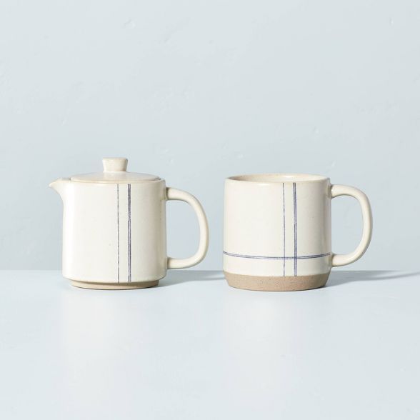 Engineered Stripe Stoneware Coffee Pot &#38; Mug Set Blue/Sour Cream - Hearth &#38; Hand&#8482; w... | Target
