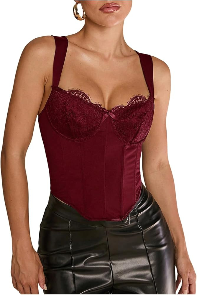 WDIRARA Women's Lace Bowknot Sleeveless Corset Bustier Tops Vintage Underwired Crop Tops | Amazon (US)