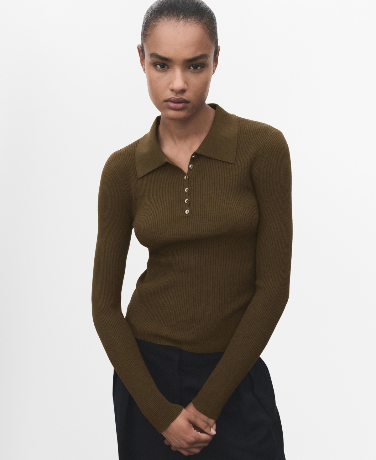 Mango Women's Polo-Neck Ribbed Sweater - Khaki | Macy's