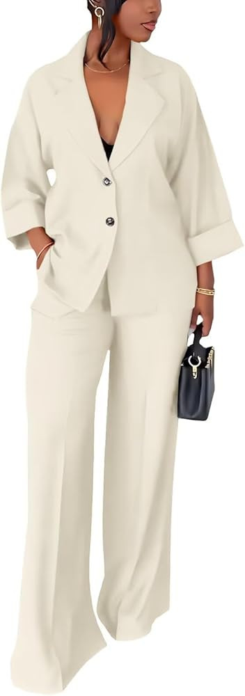 Casual Blazer Pants Suits, Oversized Long Sleeve Blazer Wide Leg Pants 2 Piece Outfits | Amazon (US)