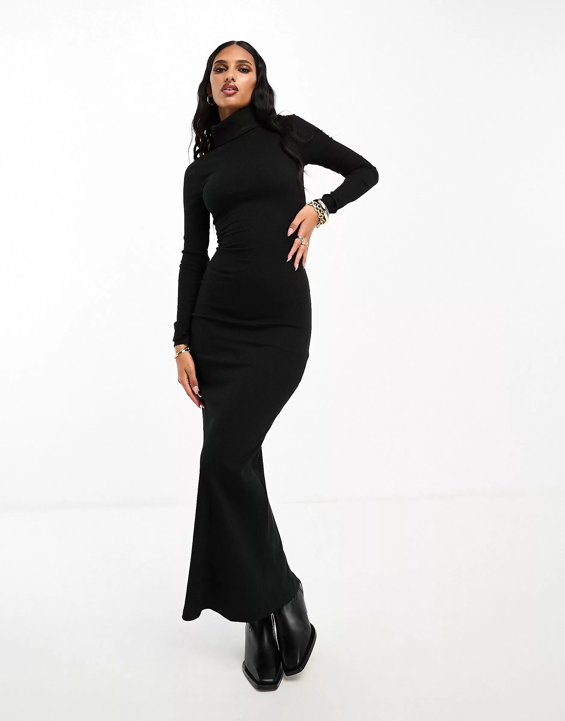 ASOS DESIGN ribbed roll neck long sleeve midi dress in black | ASOS (Global)