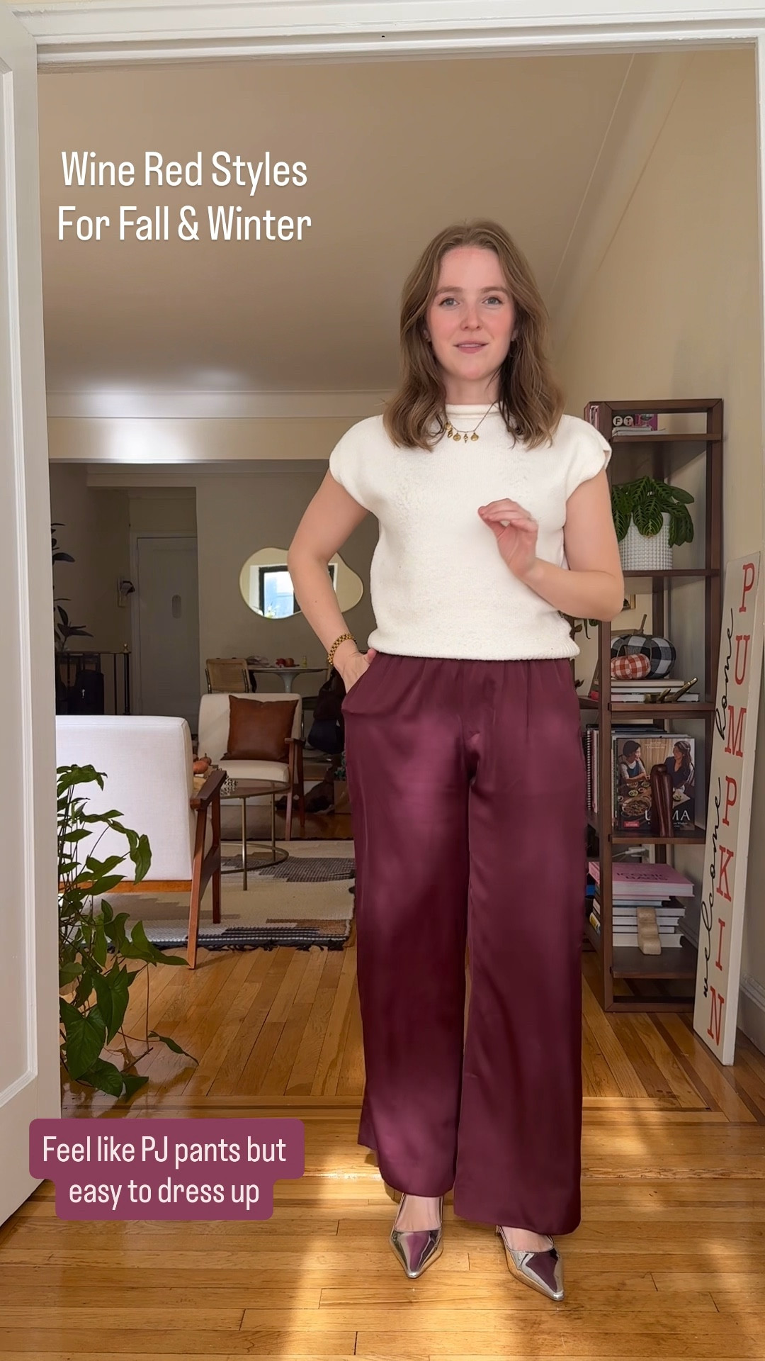 Elastic waist red satin pants. Great to wear into the holidays. Wearing extra small petite pants .

#LTKStyleTip #LTKPetite #LTKSaleAlert