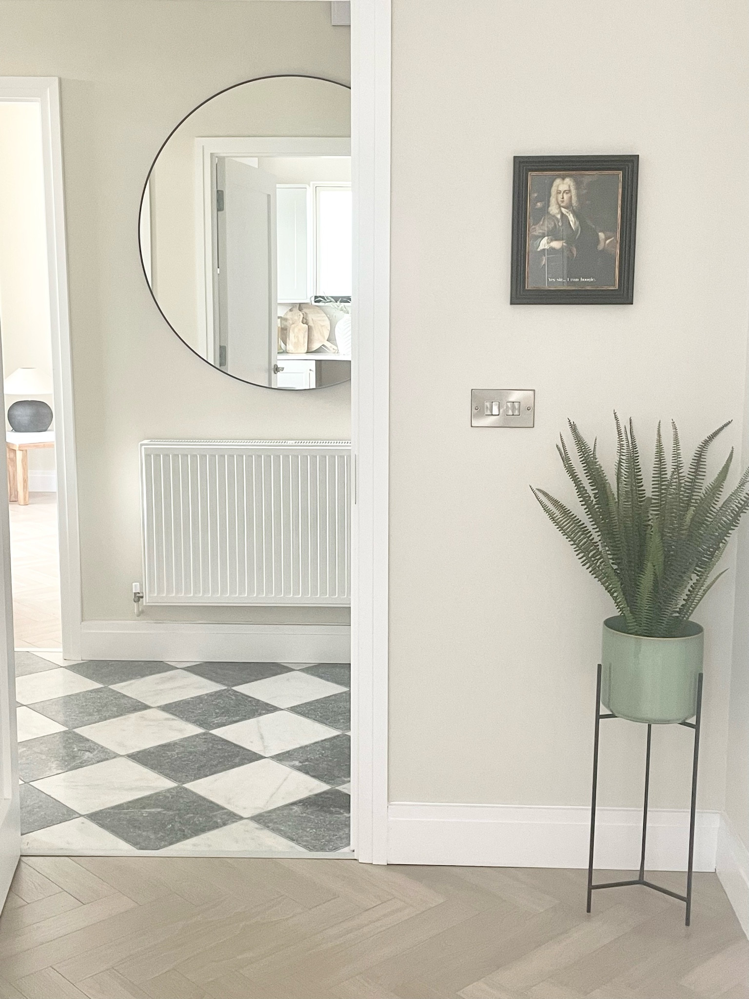 Corner of my home, styling, modern traditional, large round mirror, planter, plant pot on stand, faux plant, fern

#LTKhome
