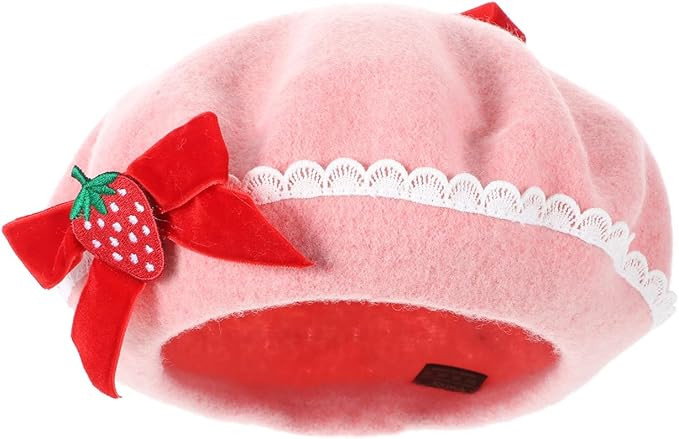 Berets Strawberry Bow Woolen Beret Hat Wool Cap Pink Handmade Fashion Warm Hat | Amazon (US)