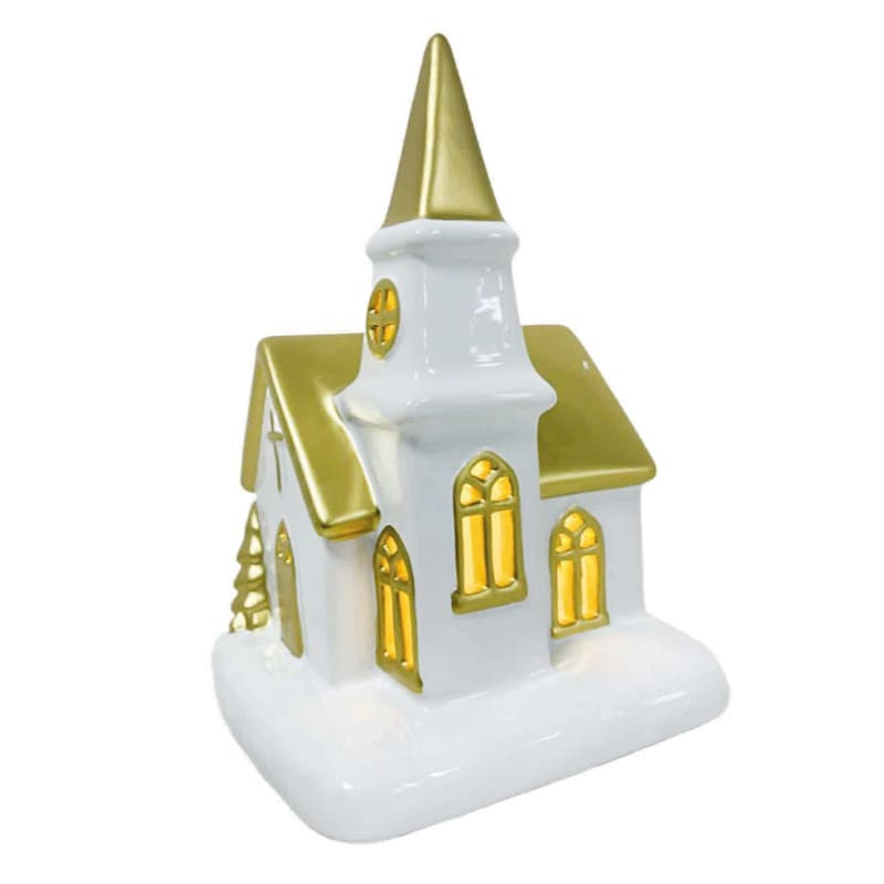 White & Gold LED Church House Decor, 8" | At Home