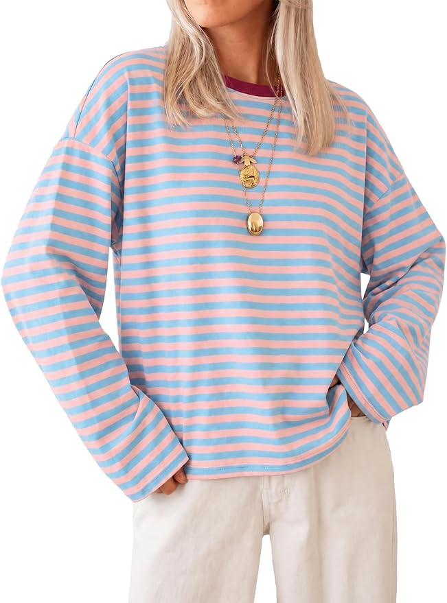 Cicy Bell Womens Striped Long Sleeve Shirts Crew Neck Casual Cotton Tops Loose Fit T Shirts | Amazon (US)