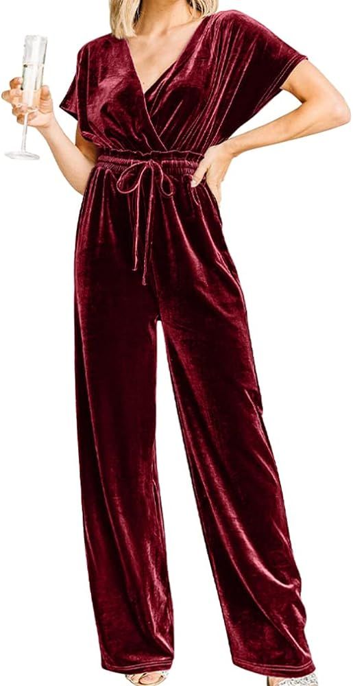 YMDUCH Women's Casual Short Sleeve Belted Long Wide Leg Pant One Piece Jumpsuit | Amazon (US)