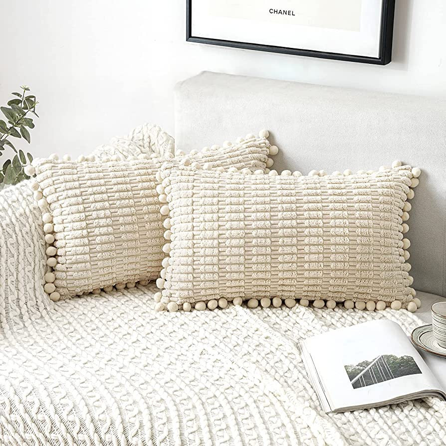 MIULEE Cream White Corduroy Decorative Throw Pillow Covers Pack of 2 Pom-pom Soft Boho Striped Pi... | Amazon (US)