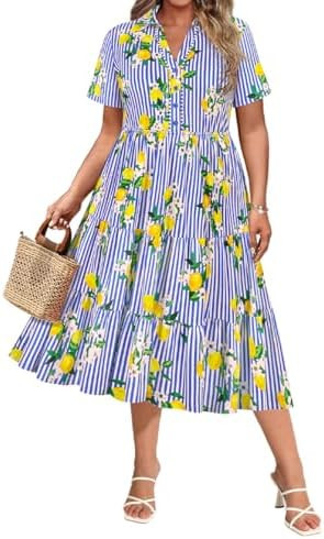 CARCOS Plus Size Dresses for Curvy Women Collared Vneck Short Sleeve Dresses Midi Summer Ruffle D... | Amazon (US)