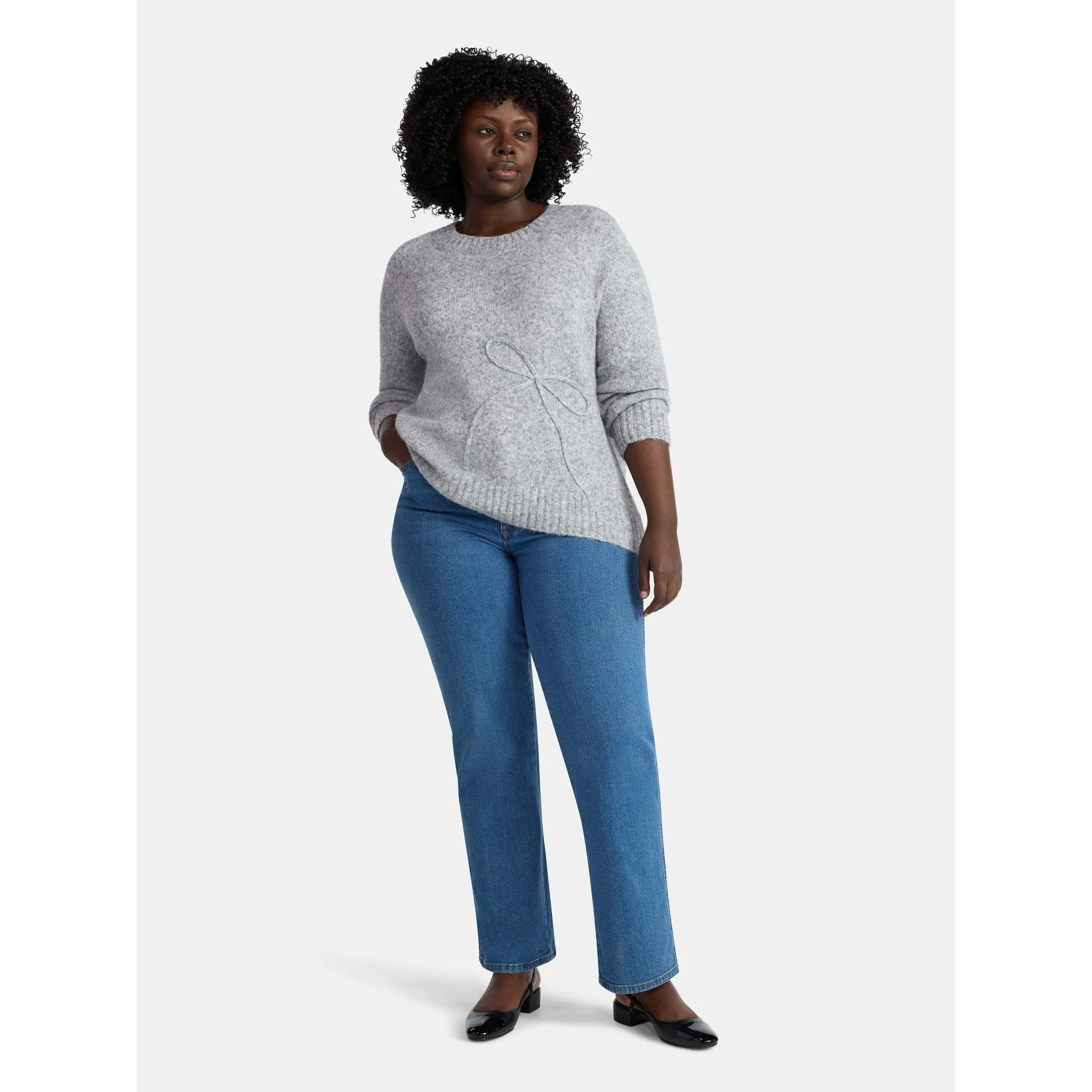 Terra & Sky Women’s Plus Bow Stitch Crewneck Sweater, Lightweight, Sizes 0X-4X | Walmart (US)
