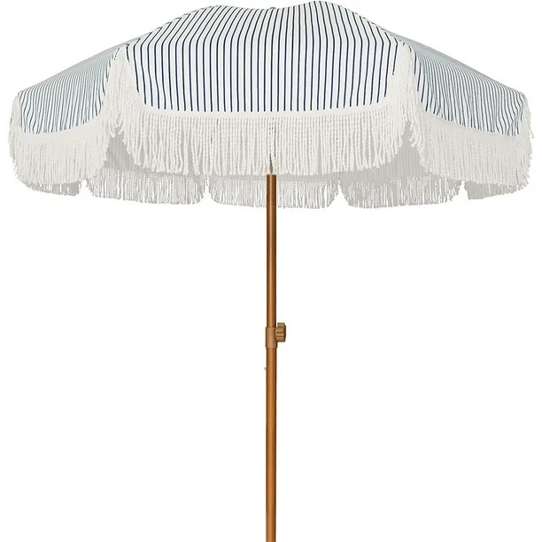 AMMSUN 7ft Patio Umbrella with Fringe Outdoor Tassel Umbrella UPF50+ Tilt - Navy Blue Stripes | Walmart (US)