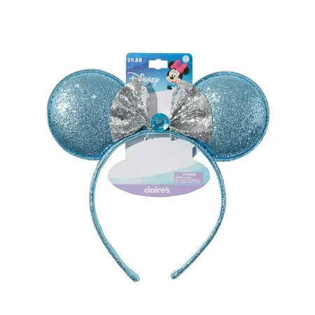 Claire s Disney Minnie Mouse Ear Headband Blue Sparkle Ears & Silver Bow | Walmart (US)