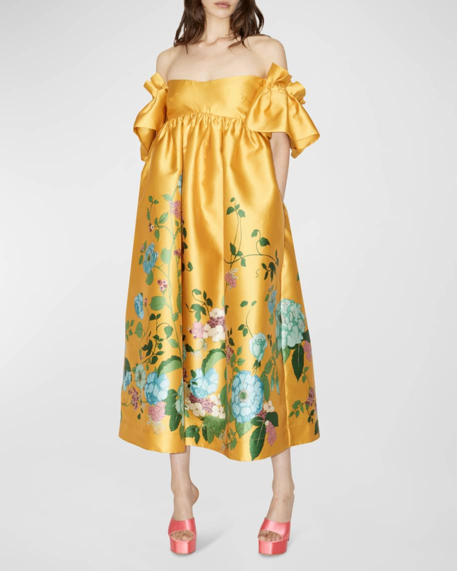 ALEMAIS Dana Tie-Back Off-the-Shoulder Floral Midi Dress | Neiman Marcus