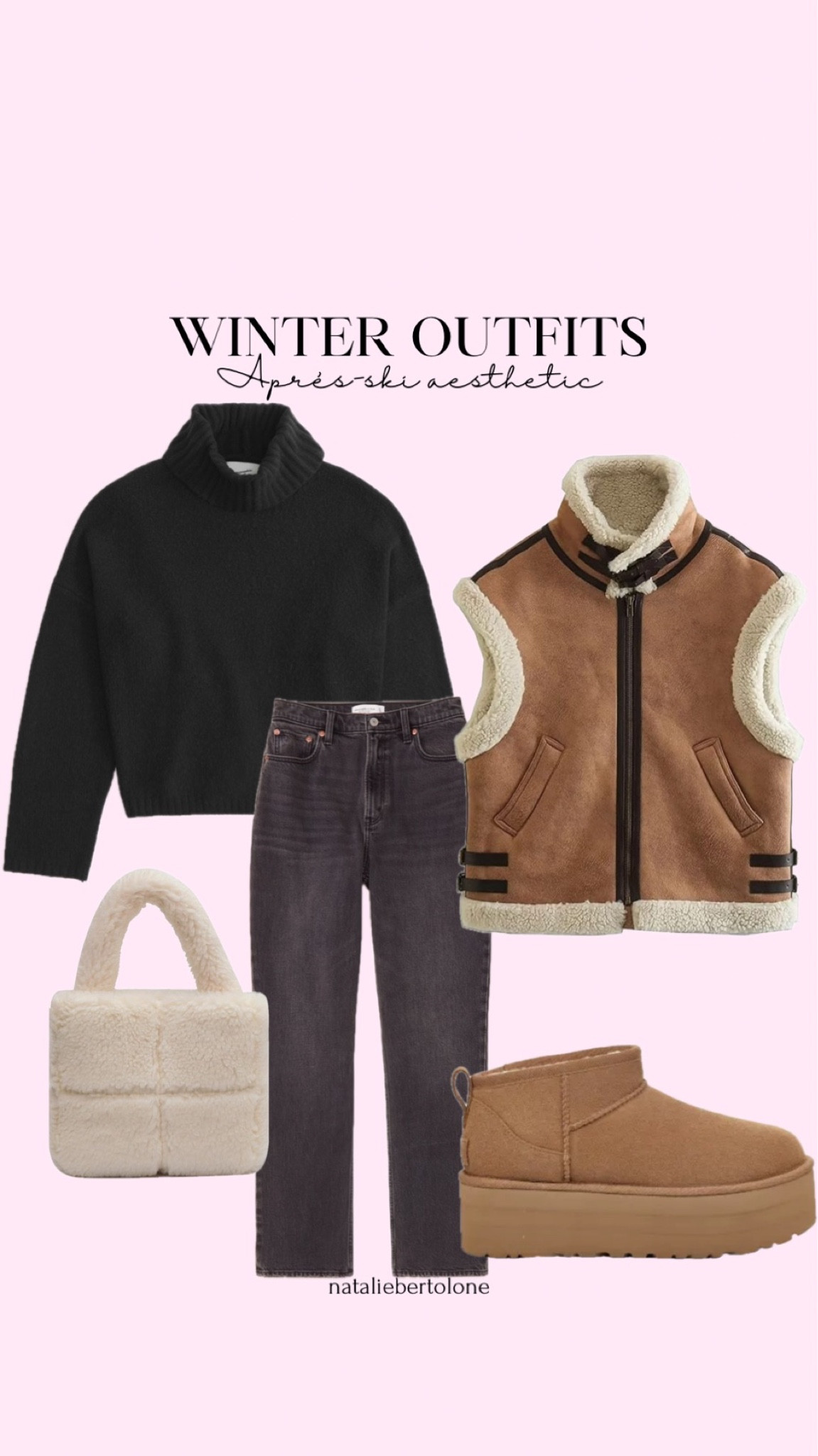 winter outfit idea! black turtleneck sweater. abercrombie jeans. suede sherpa vest. platform uggs 

#LTKSeasonal #LTKHoliday #LTKstyletip